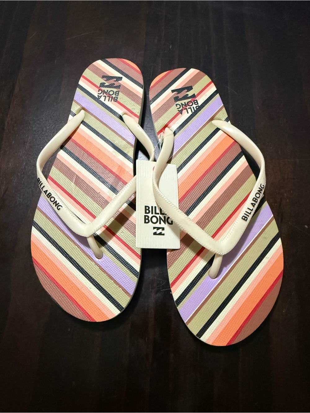 Billabong Women’s Striped Flip Flops - Cream Straps with Multicolor Stripes